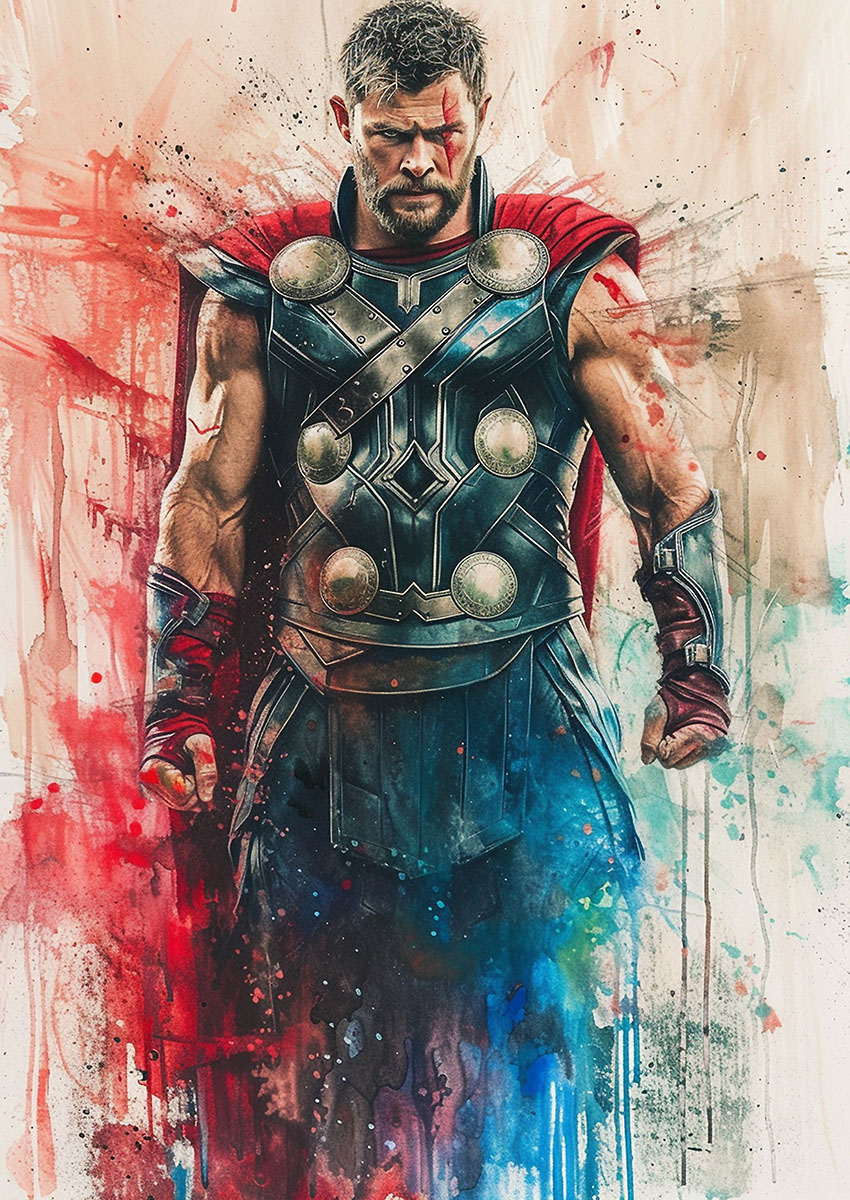 Dramatic artwork of a Thor style super hero with vibrant splashes of blue and red.